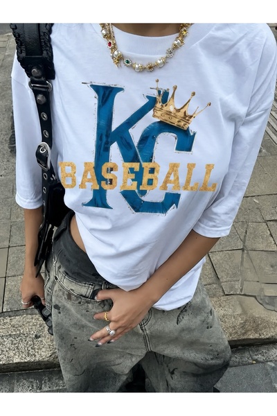 Generic Brand Blue KC with Gold Crown and Baseball,crew neck,premium cotton,e...