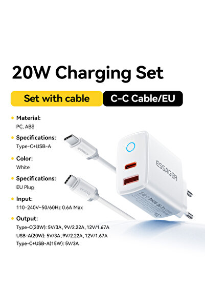 Choice3 ESSAGER WHITE 3A C to C Cable EU Essager 20W USB Type C PD Fast Charg...