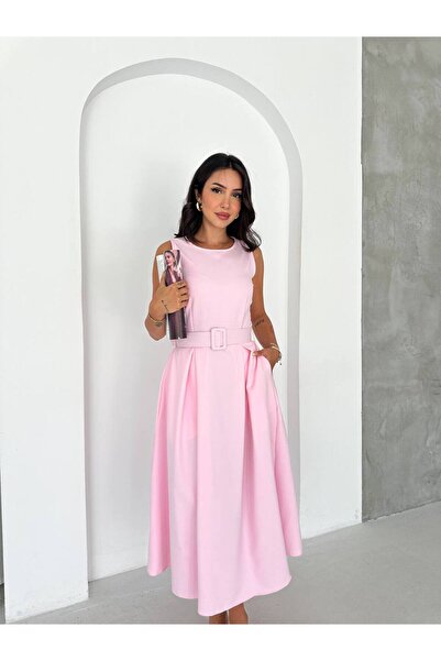 BE CHİC Women's Pink Belted Sleeveless Midi Length Flared Dress Kk1000