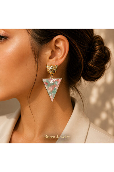 BURCU JEWELRY Leopard Head Colorful Look Triangle Dangle Earrings