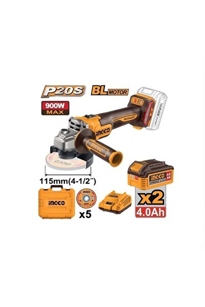 Ingco 20V Brushless Cordless Angle Grinder, 115mm Disc, 3000–9000RPM, 3-Speed...
