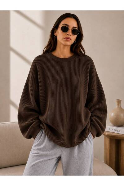 oneoff Women's Oversize Ribbed Knit Sweater Crew Neck Loose Long Sleeve Comfo...