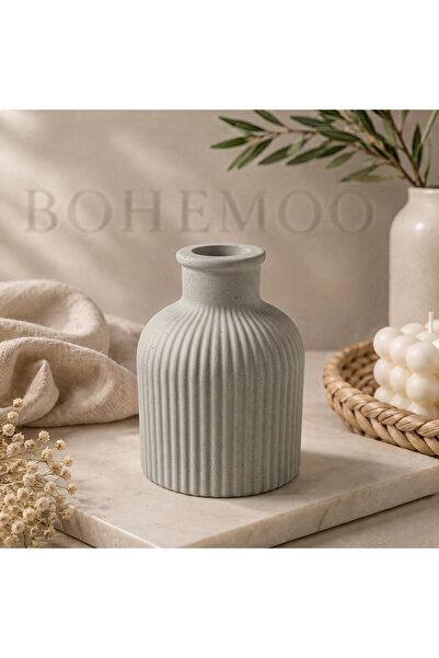 Bohemoo 10 cm Taş Tozu Dekoratif Vazo | Çizgili Bohem Minimalist Vazo | Moder...