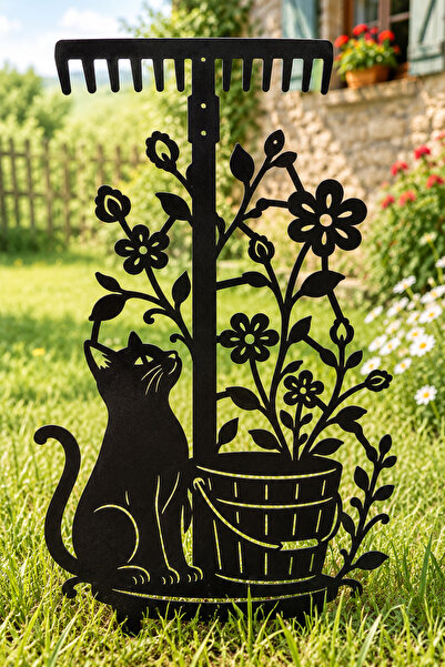 Metal Kedi ve Çiçek Figürlü Bahçe Dekoru 1 Metre Toprağa Saplamalı Bahçe Süsü