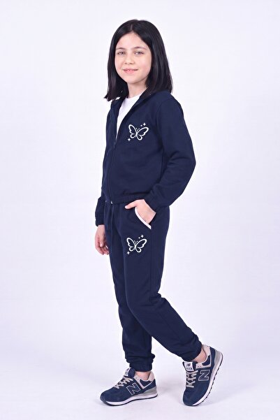 FYK KİDS Girl's Butterfly Printed Stand Collar Double Pocket Zippered Tracksu...