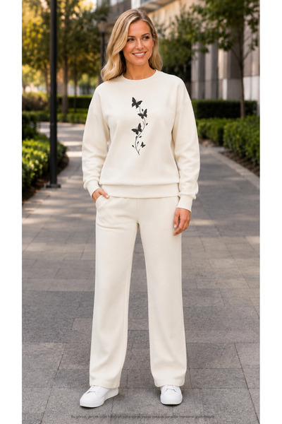 TREND EMMODA Women's Ivy Detailed Butterfly Printed Tracksuit Set/Round Neck ...