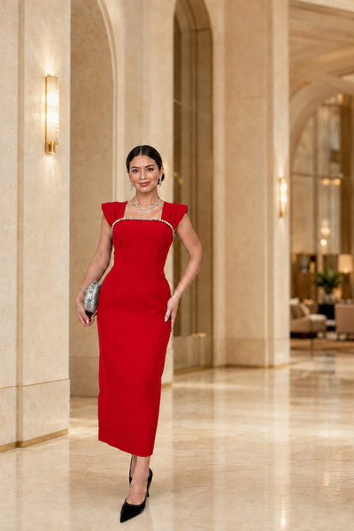 Deafox Red Stone Detail Thick Strap Square Neck Slit Crepe Fabric Dress