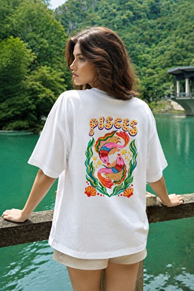 GIA - ART Women's Oversize T-Shirt Pisces Printed White – Crew Neck, Comforta...