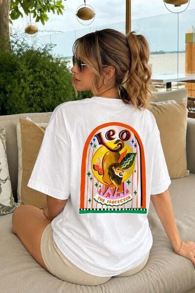 GIA - ART Women's Oversize T-Shirt Leo Printed White – Crew Neck, Comfortable...