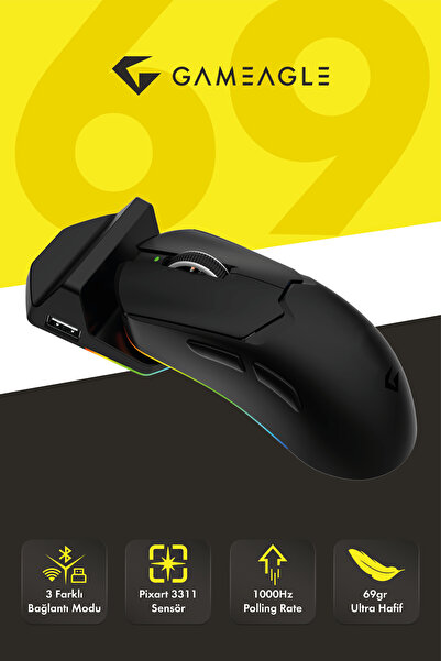 gameagle Tracker Pro RGB Kablosuz2.4Ghz+Bluetooth+Kablolu+Dock Şarj İstasyonlu 69gr 1KHz 12000DPI OyuncuMouse
