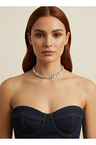 Valmont Accessories Kadın Gümüş Renk Baget Taşlı Choker Kolye