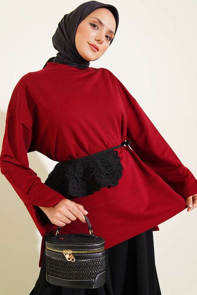 YAZGI MODA Geniş Kol Yırtmaç Detaylı Tunik Bordo