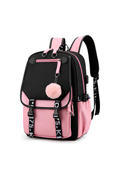 NEVERMORE Ghiozdan smart, NEVERMORE, cu port USB, 46x29x16 cm, Negru/Roz
