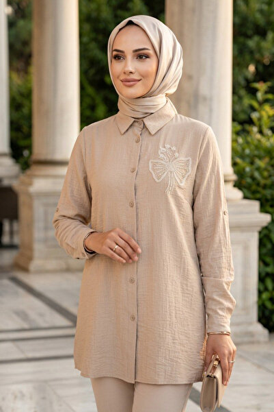 N.S NEVA STYLE Düğmeli Bej Çilek Kumaş Tesettür Tunik 11201BEJ