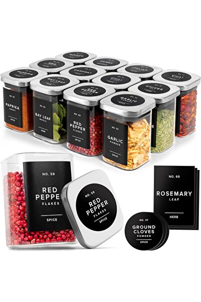 EDELHAUS Square Spice Jars with Stainless Steel Lids 190 ml (Pack of 12) - Sp...