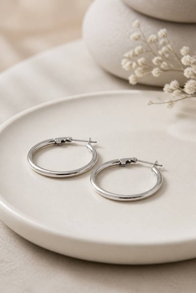 LYKOS Silver Color 28 mm Steel Plain Classic Hoop Earrings - Minimalist Clip-...
