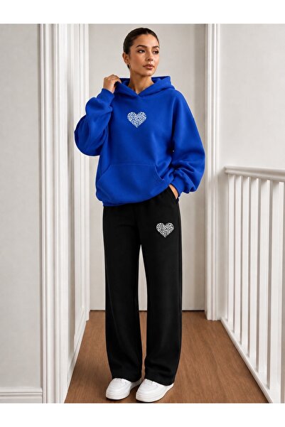 FUFLUNS Patterned Heart Printed Men's Hooded Tracksuit with Piped Trim Bottom...