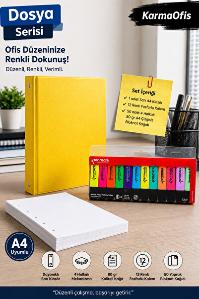 KarmaOfis A4 4-Ring Yellow Folder Set – 6 Neon 6 Pastel 12 Color Highlighters...
