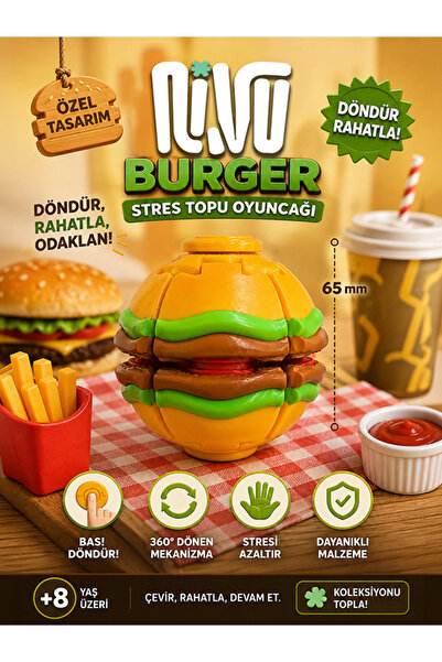 Nivu Burger Stres Topu Oyuncağı | 360° Dönen Fidget Oyuncak | 65 mm Masa Oyun...