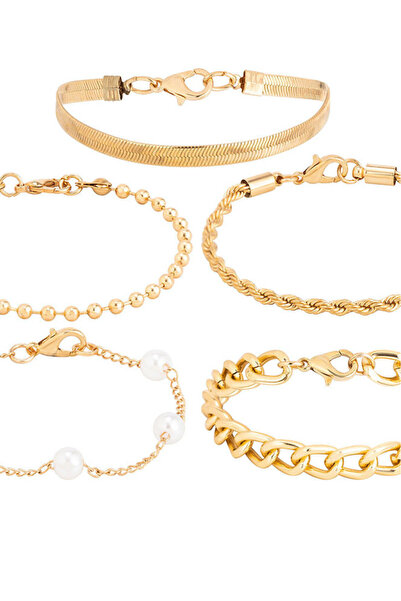 VeeShop Set 5 bratari elegante, lantisoare cu perle albe, zale mari si lant plat