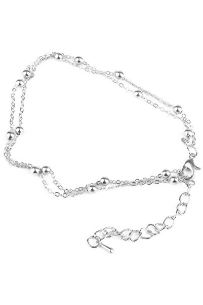 VeeShop Bratara pentru glezna cu lantisor subtire dublu, cu bilute - Argintiu