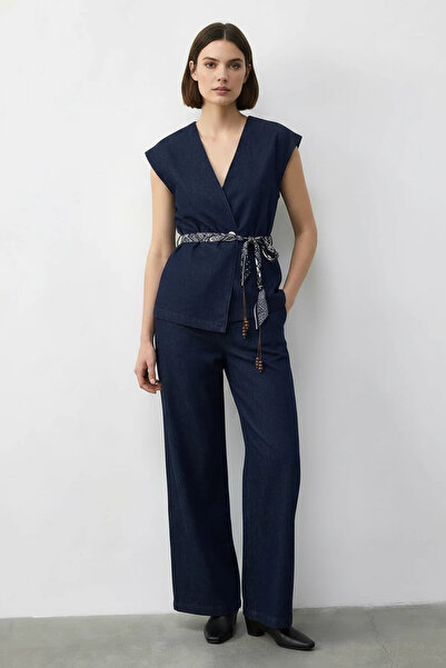 Efnaz style Women's Double Breasted Collar Satin Belted Vest Loose Trousers B...