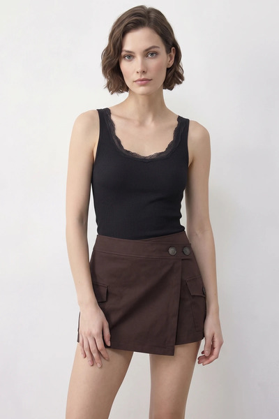 Efnaz style Women's U-Neck Lace Cotton Undershirt Black