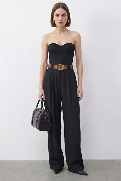 Efnaz style Women's Pocket Detailed Belted High Waist Premium Palazzo Black T...