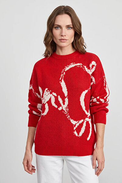 Efnaz style Women's Patterned Knitwear Red Ecru Sweater
