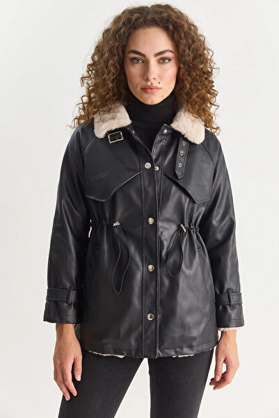 Efnaz style Women's Shirt Collar, Fur Inside, Adjustable Waist, Pocket Detail...