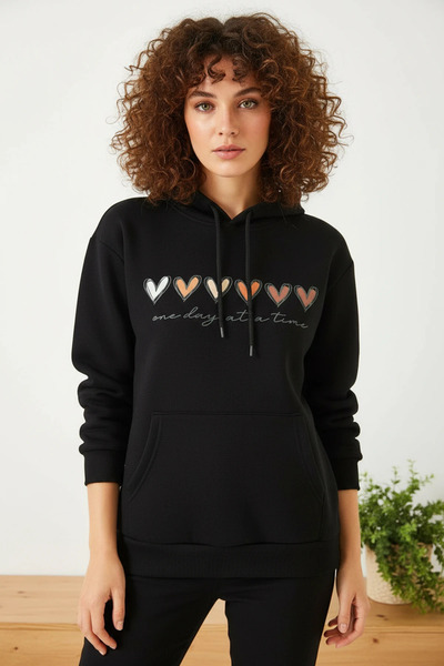 Şeker Portakalım Women's Three Threaded Yarns Colorful Heart Printed Hooded B...