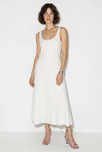 Efnaz style Women's Polka Dot Viscose Midi Dress with Back Tie Detail White Pink