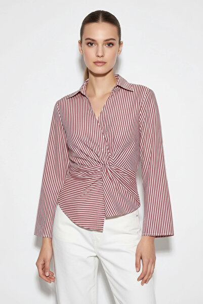 Efnaz style Women's V-Neck Knot Detailed Striped Waist Fitted Red Shirt