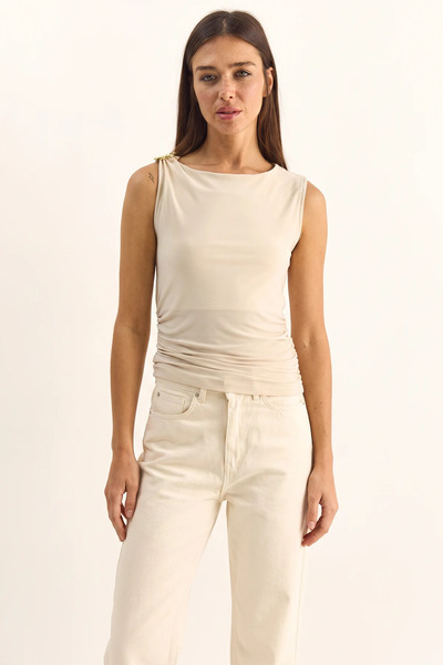 Şeker Portakalım Women's Beige Blouse with Metal Accessories and Draped Detai...
