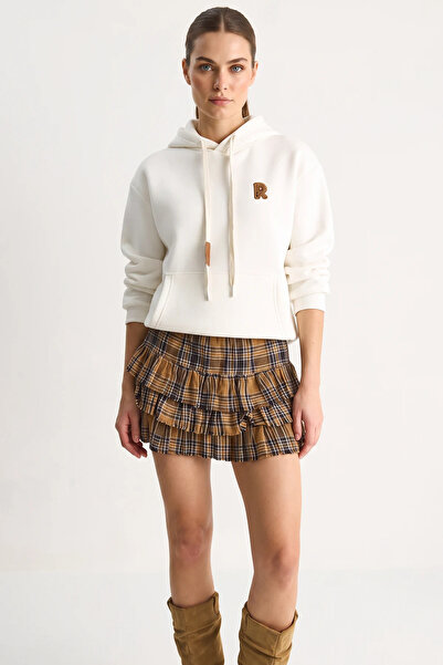 Efnaz style Women's Embroidered Kangaroo Pocket Hooded Casual White Sweatshirt