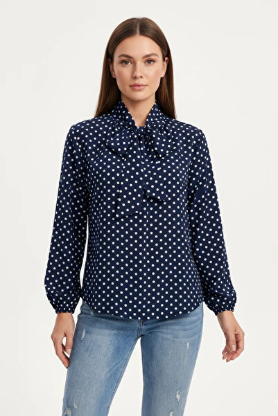 Efnaz style Women's Polka Dot Scarf Collar Navy Blue Blouse