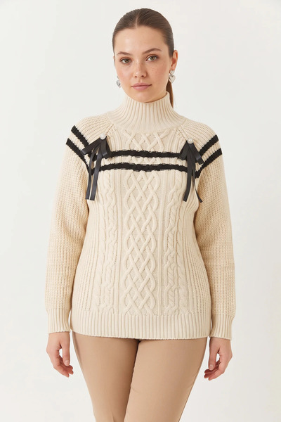 Efnaz style Women's Stoned Bowknot Knitwear Ecru Black Sweater