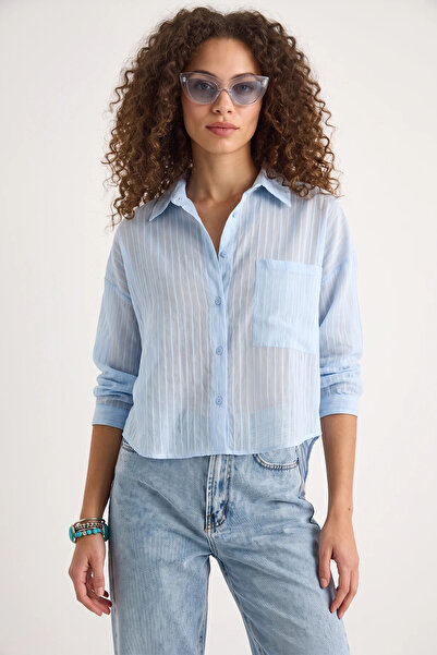 Efnaz style Women's Self-Striped Half-Sleeve Baby Blue Shirt with Single Pock...