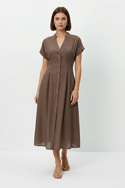 Efnaz style Women's V-Neck Lined Midi Mink Dress with Elastic Back and Pocket...