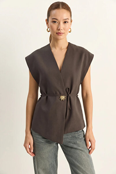 Generic Brand Women's Buttoned Belted Woven Brown Vest