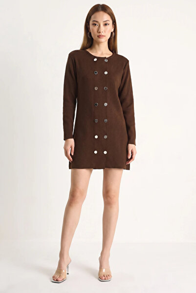 Efnaz style Women's Crew Neck Button Detailed Knitwear Brown Dress
