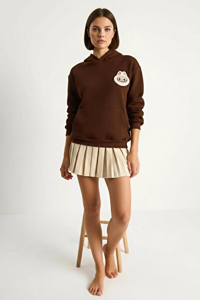Şeker Portakalım Women's Embroidered Hooded Kangaroo Pocket Brown Sweatshirt