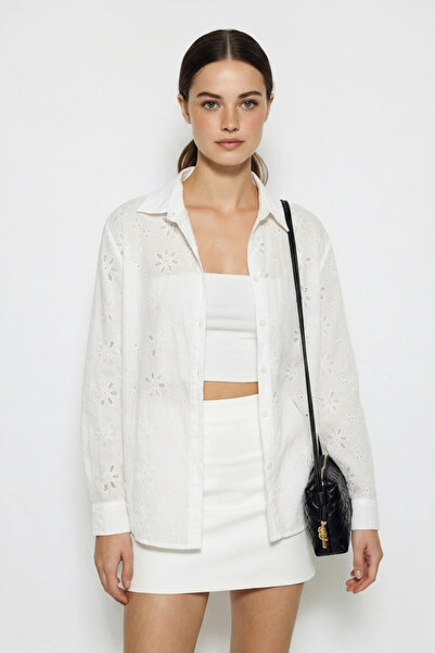 Efnaz style Women's Openwork Button Closure Relaxed Fit Daisy Brode White Shirt
