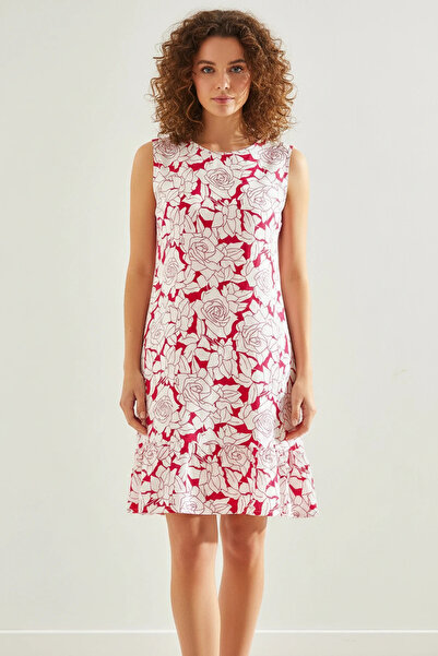 Efnaz style Women's Ruffled Floral Viscose Fuchsia Dress