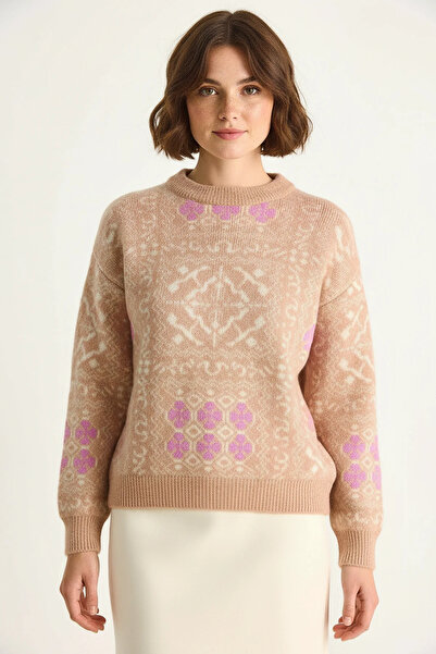 Efnaz style Women's Patterned Long Sleeve Crew Neck Knitwear Mink Sweater