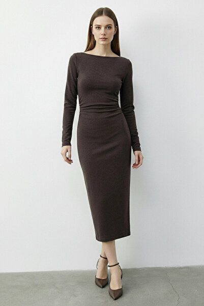 Generic Brand Women's Boat Neck Drawstring Detailed Long Sleeve Midi Dress De...
