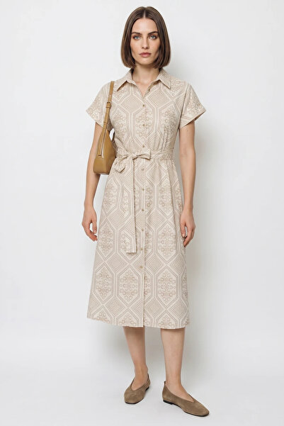 Efnaz style Women's Embossed Patterned Midi Beige Dress with Elastic Waistband