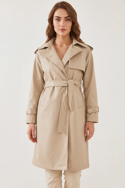 Efnaz style Women's Front Detail Leather Trench Coat Beige