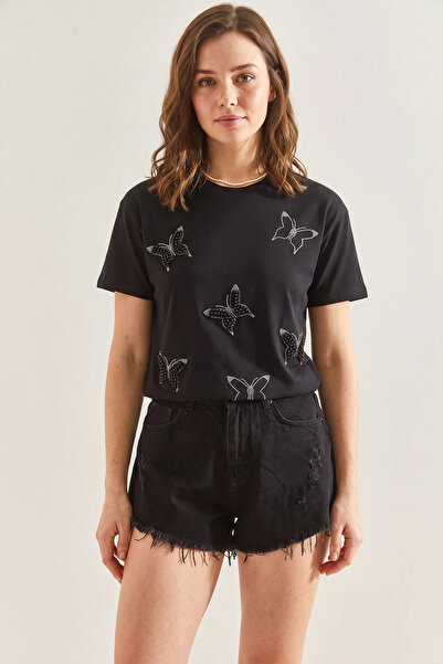 Şeker Portakalım Women's Pearl Stone Embroidered Combed Cotton Black T-Shirt