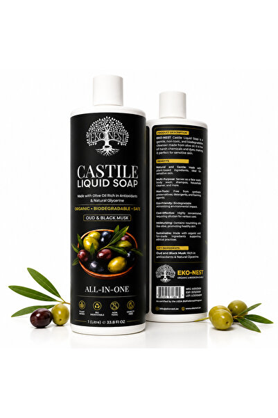 EKO-NEST Pure Castile Liquid Soap 1L – 100% Olive Oil 18-in-1 Multipurpose So...